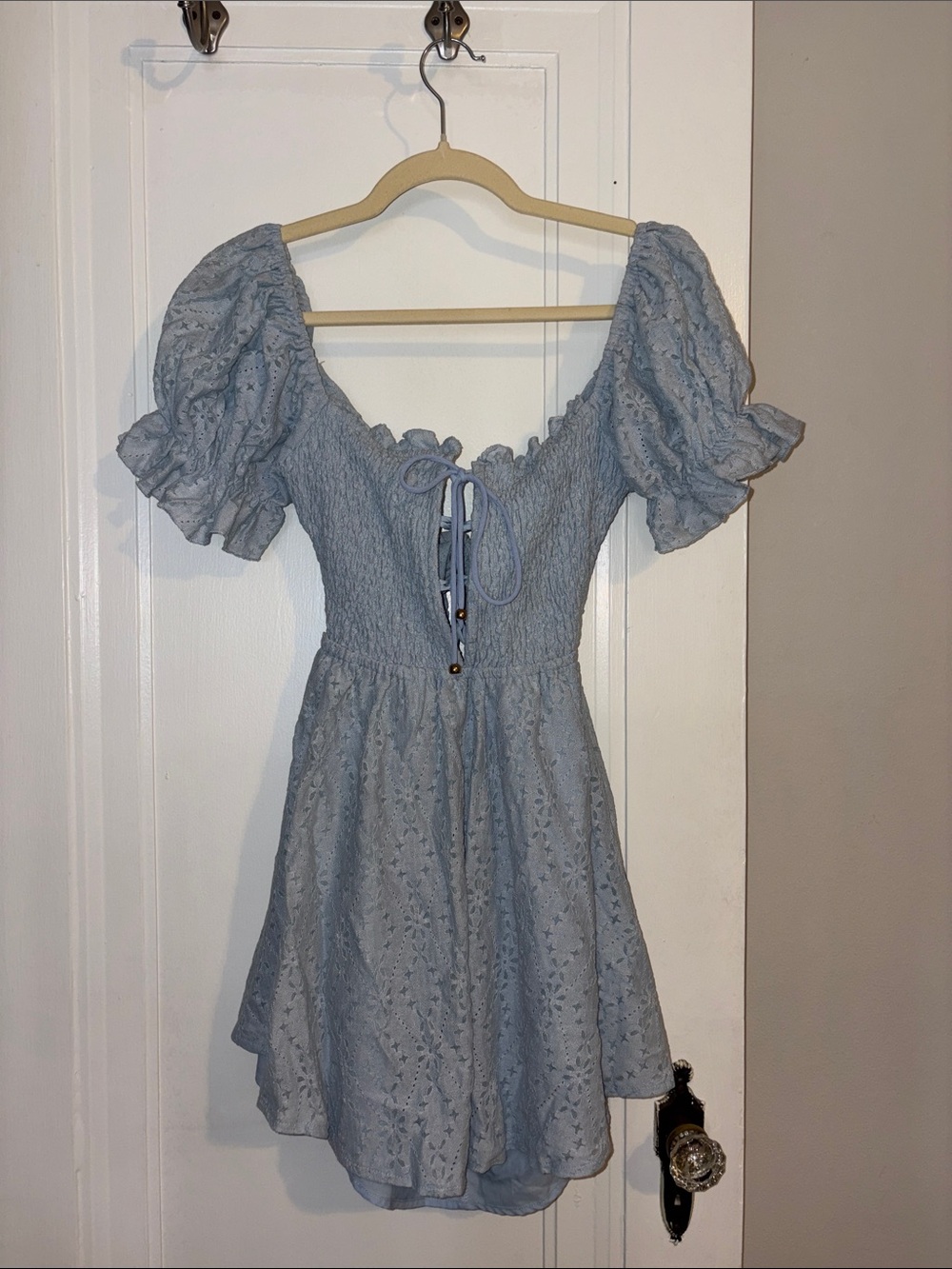 Light Blue Puff-Sleeve Tie-Front Dress